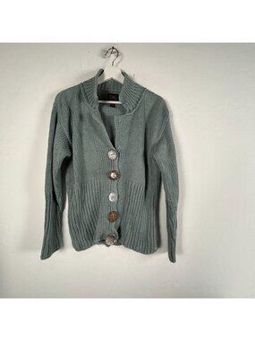 Pure Handknit Womens Green Handmade Unique Buttons Knit Cardigan Sweater M/L